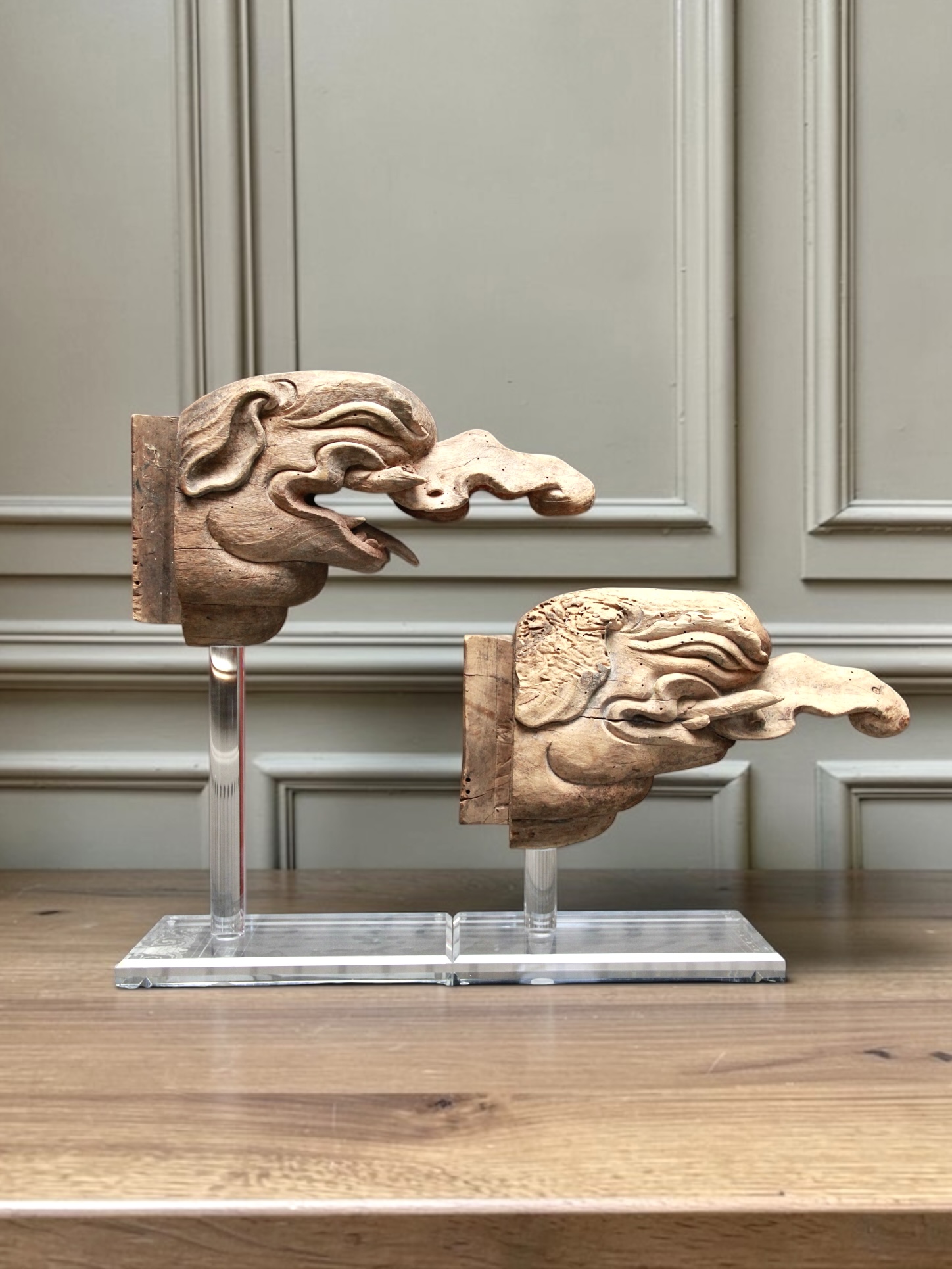 A Rare and Early Pair of Carved Wood ‘baku’ Architectural Elements, 14th-16th Century