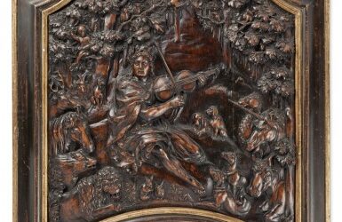 Orpheus serenading the Animals limewood 17th Century , in a later partial giltwood frame