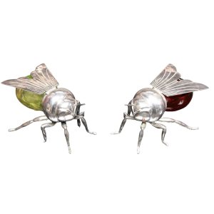 Two silver plated and glass preserve pots in the form of bees
