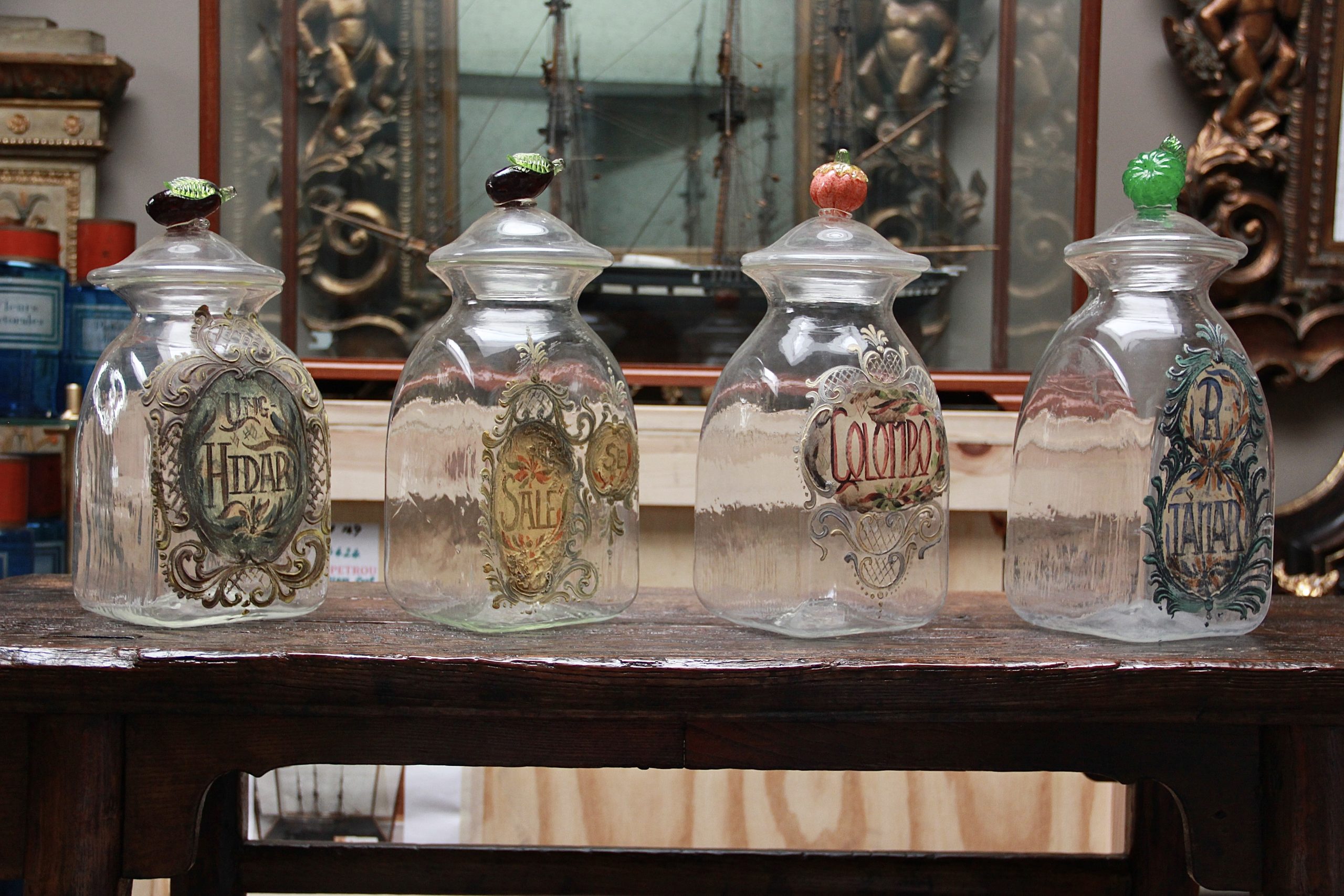 Set of Four Italian Glass Apothecary Jars with Fruit Finials - Image 2
