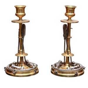 An Unusual Pair Of Gilt Bronze And Silvered ‘martial’ Candlesticks By Antonio Iudice, Dated 2018