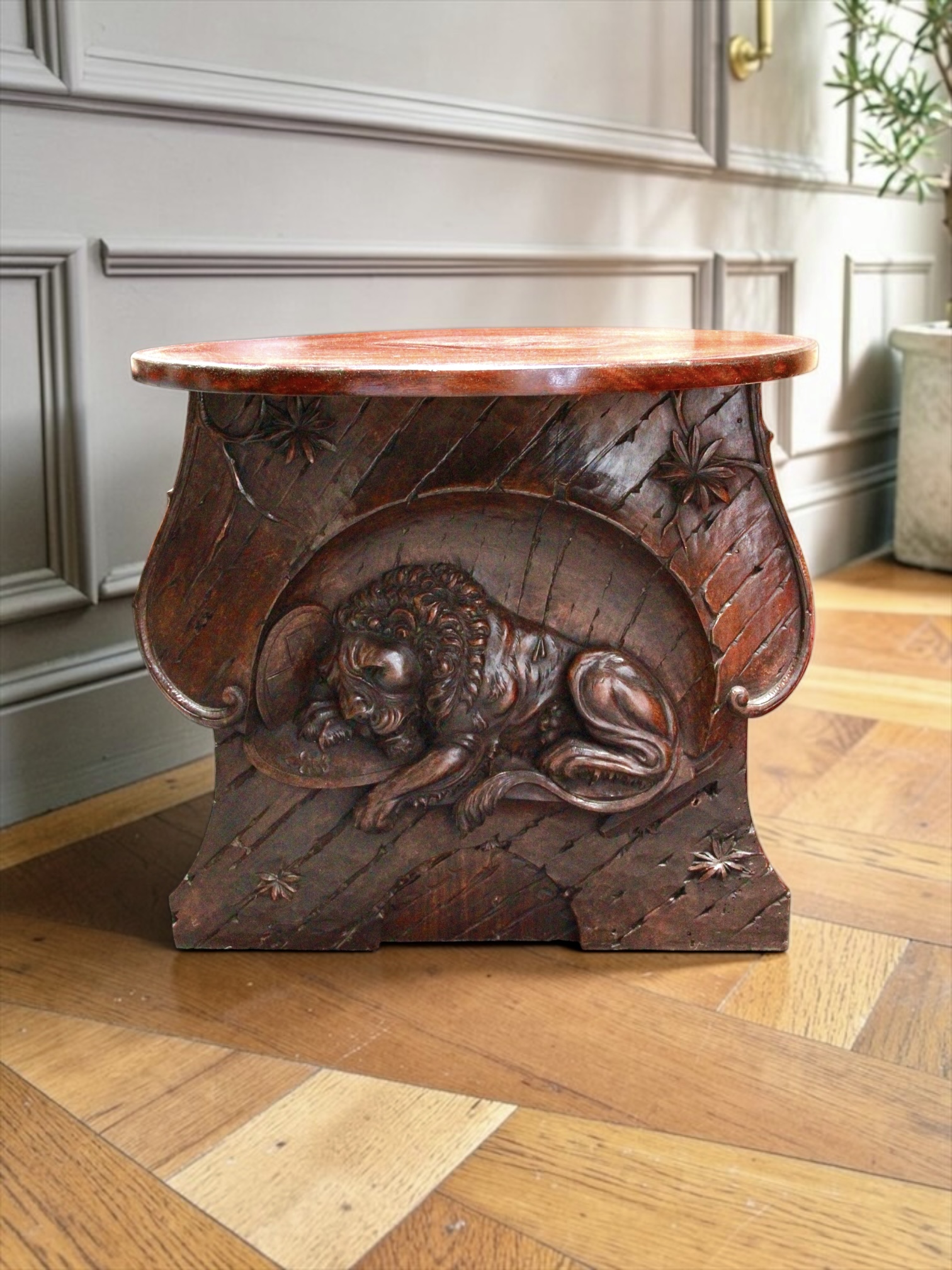 Black Forest Carved Figure of the Lion of the Swiss Guards now repurposed as a round table/display plinth