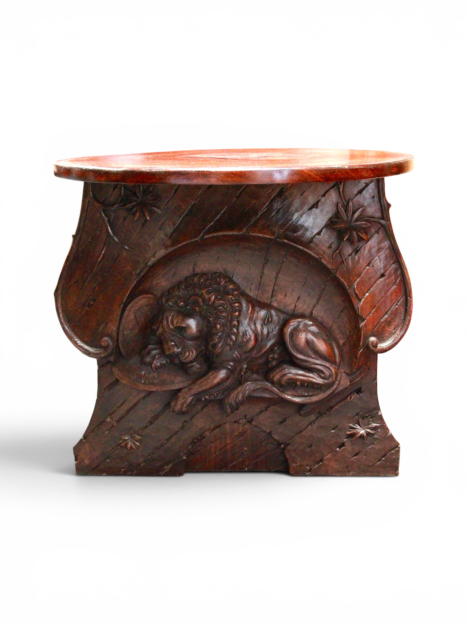 Black Forest Carved Figure of the Lion of the Swiss Guards now repurposed as a round table/display plinth - Image 2